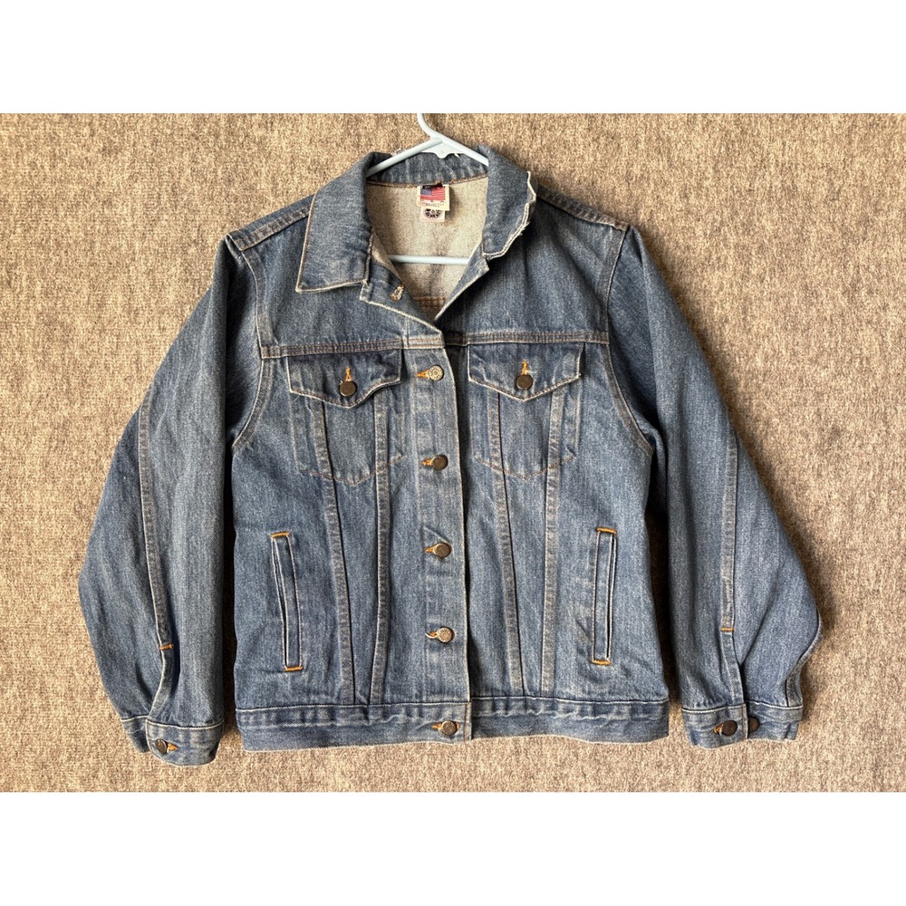 Tyca Vintage Denim Trucker Jacket Women Small Blue Mud Hog Embossed Made in USA